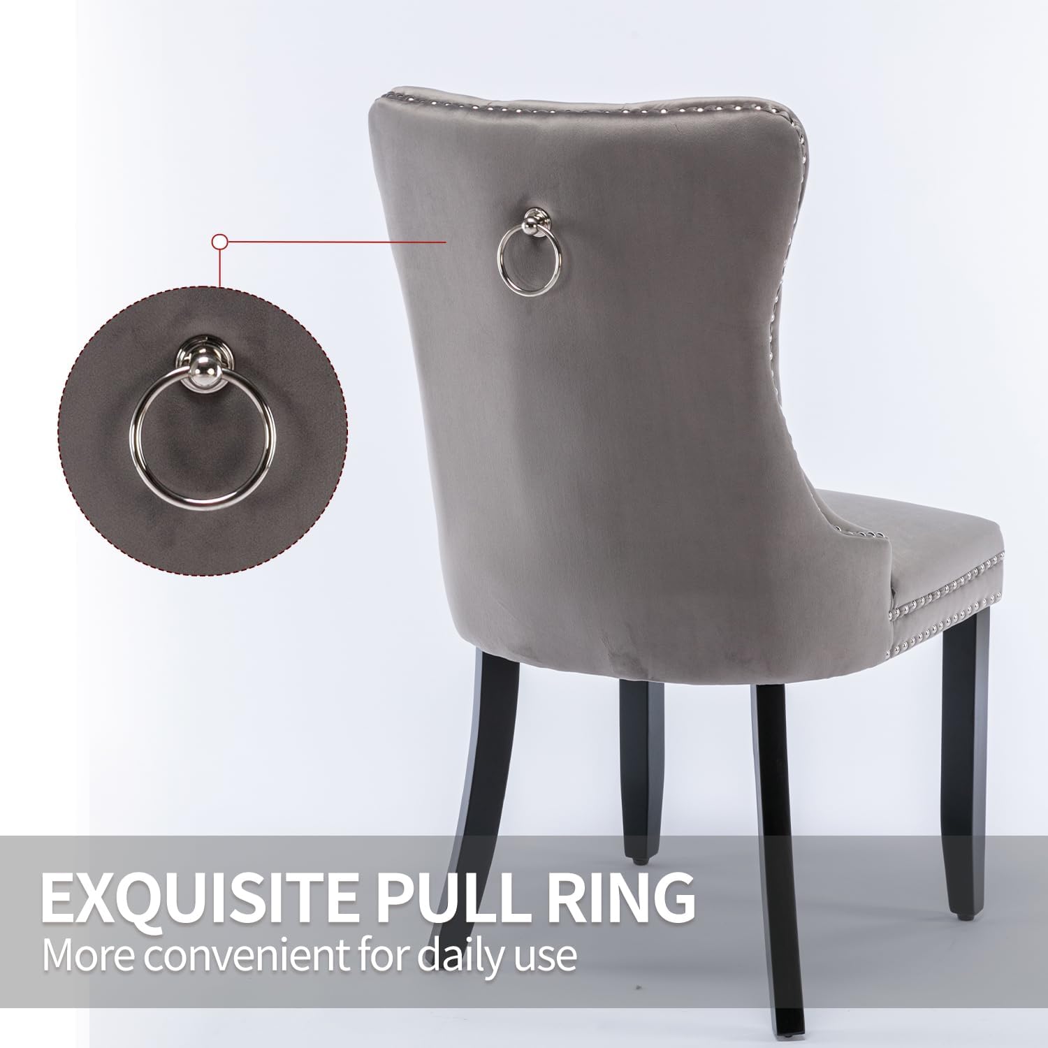 Modern Kitchen Chairs Set of 4 Grey Velvet Dining Room Chairs with Back Ring Pull Nailhead Trim Solid Wood Leg Upholstered Tufted Table Chair for Western Restaurant Living Powder Room Hotel