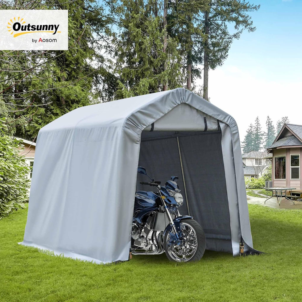 Outsunny 6' x 8' Carport Portable Garage, Heavy Duty Storage Tent, Patio Storage Shelter w/Anti-UV PE Cover and Double Zipper Doors, for Motorcycle Bike Garden Tools, Light Gray