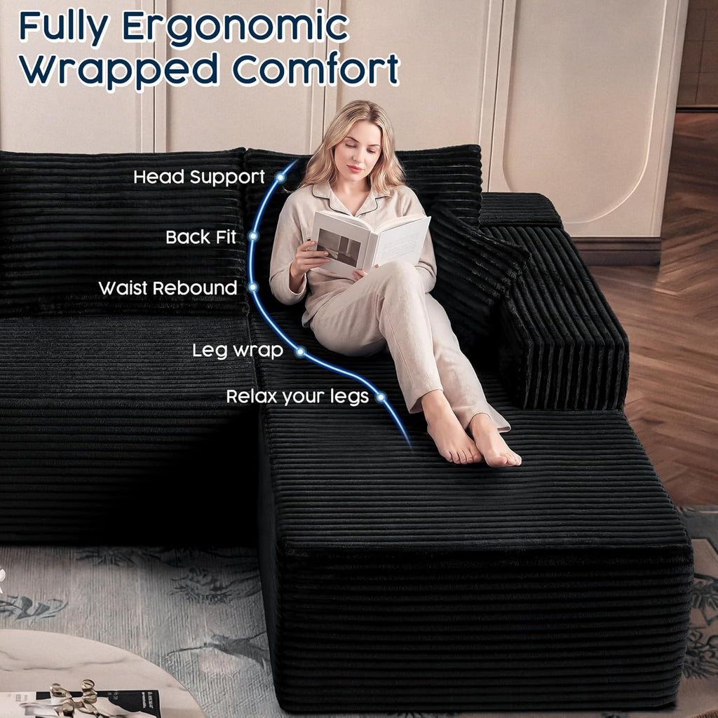 Black Sectional Couch for Living Room - 108" Modular Cloud Sofa with Chaise, Ultra Soft Corduroy L-Shaped Large Couches, Boneless Deep Seat Sectional Couch, No Assembly Required (Left Facing Chaise)