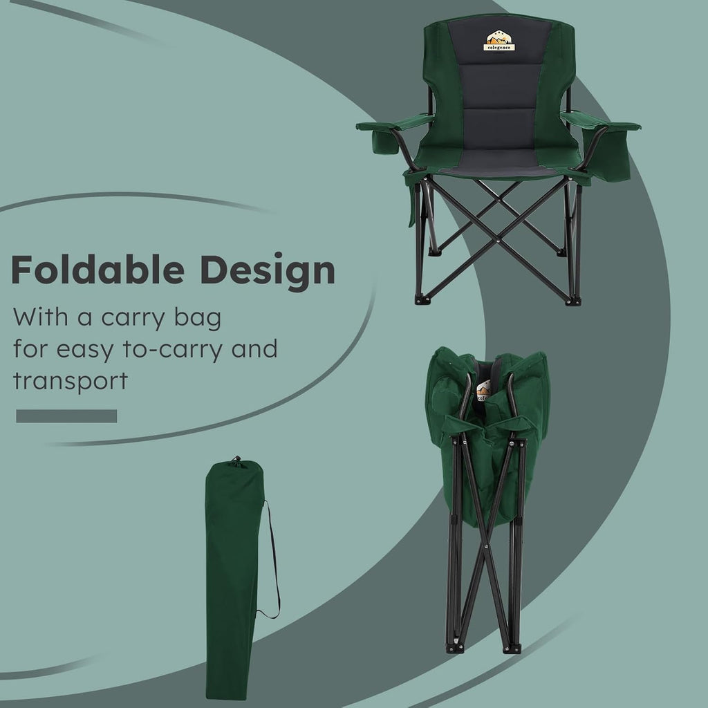 Colegence Oversized Folding Camping Chairs - 450 LBS Support Heavy Duty Camp Chair with Padded Cushion, Portable Outside Chairs with Carry Bag，Cooler, Cup Holder for Outdoor, Lawn, Sports - Green