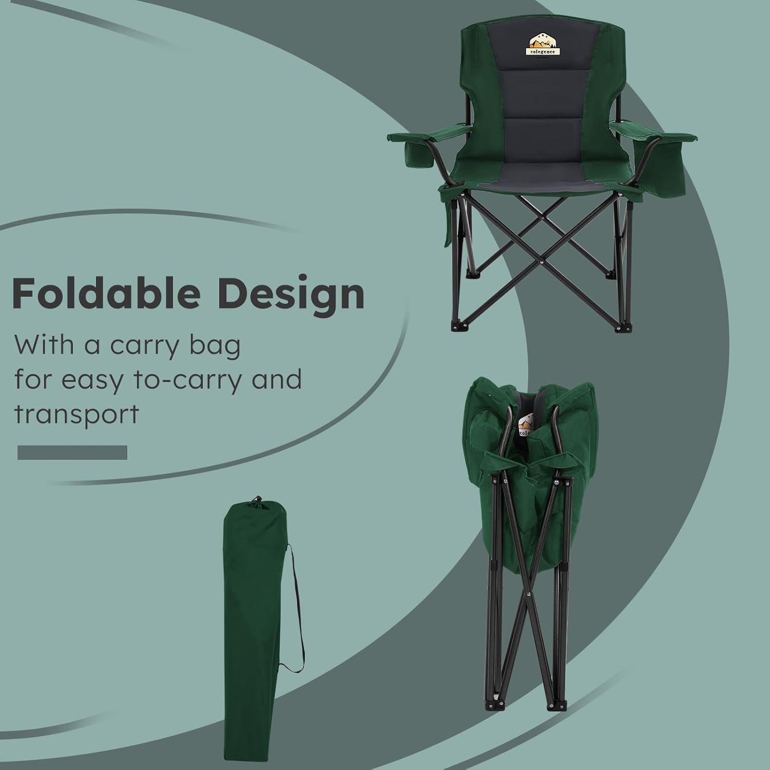 Colegence Oversized Folding Camping Chairs - 450 LBS Support Heavy Duty Camp Chair with Padded Cushion, Portable Outside Chairs with Carry Bag，Cooler, Cup Holder for Outdoor, Lawn, Sports - Green