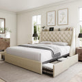 Queen Bed Frame with 4 Storage Drawers, Huge Upholstered Wingback Headboard, Fast Charging Station, No Box Spring Needed, Noise-Free, Beige
