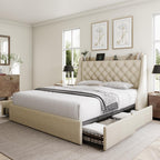 Queen Bed Frame with 4 Storage Drawers, Huge Upholstered Wingback Headboard, Fast Charging Station, No Box Spring Needed, Noise-Free, Beige