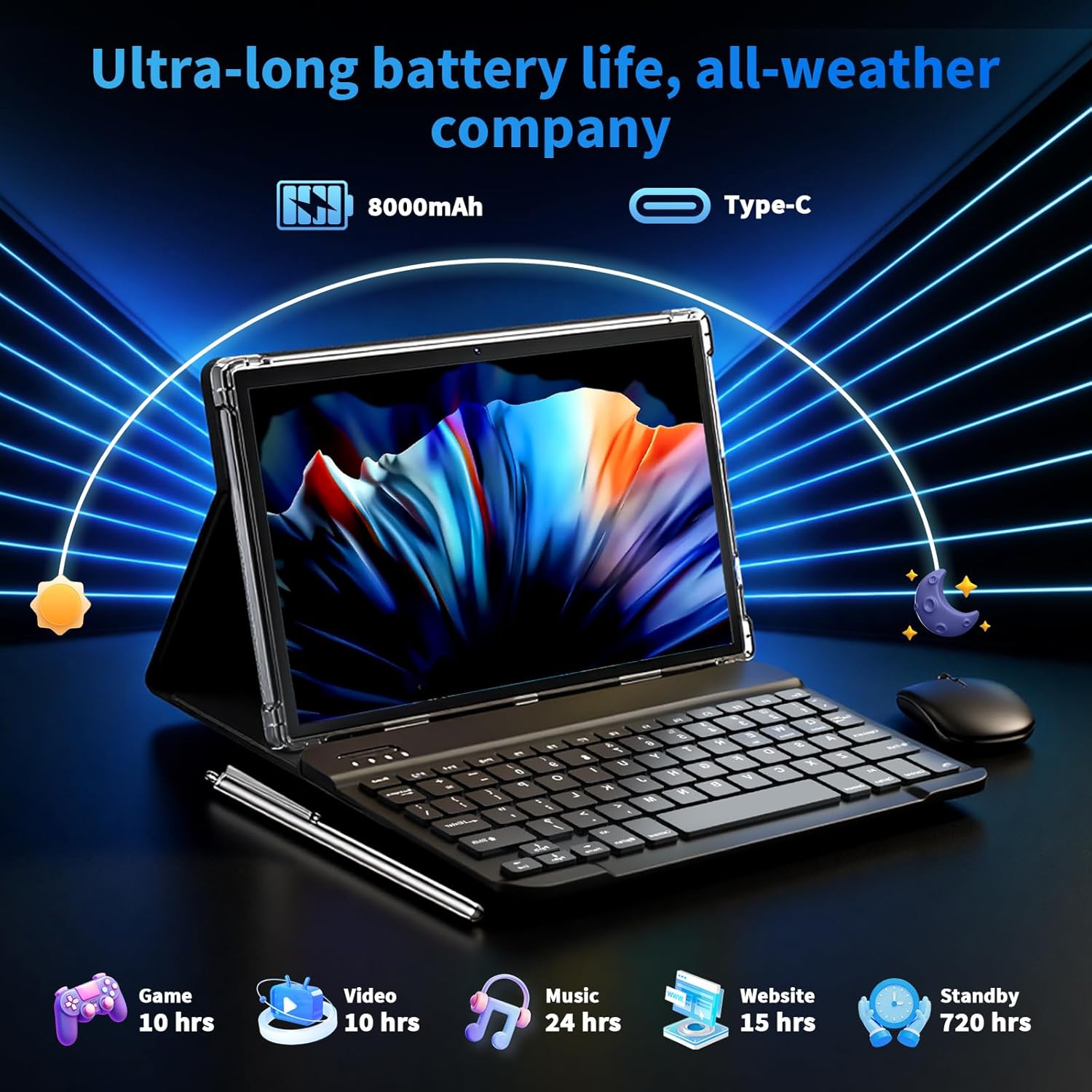 2026 10 Inch Android 15 Tablet with Keyboard, 26GB+256GB, 2TB Expand, Gemini AI Tablet PC with Octa-Core, 8000mAh, 5G WiFi, GPS, GMS, Widevine L1, 2 in 1 Tablets with Case, Mouse, Stylus (Black Case)
