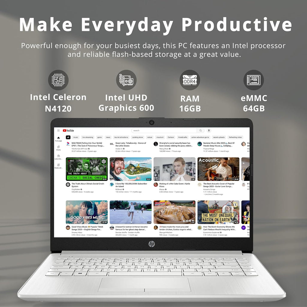 HP Stream 14" HD BrightView Laptop  Intel Celeron N4120 Processor  16GB RAM  64GB SSD  Intel UHD Graphics  720p Webcam  WiFi  HDMI  Win 11 S  Silver (Renewed)