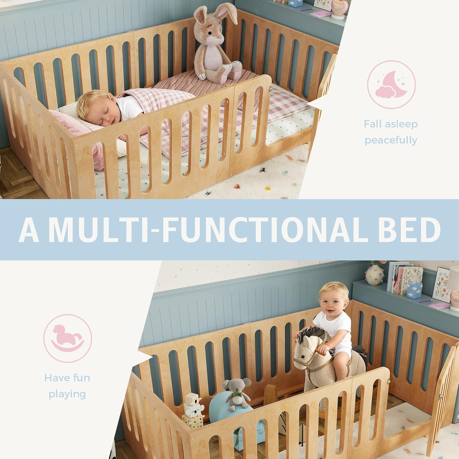 Bellemave Full Size Kids Montessori Floor Bed,Full Size Floor Bed Frame with High Fence and Door,Solid Wood Montessori Bed for Girls Boys,Natural