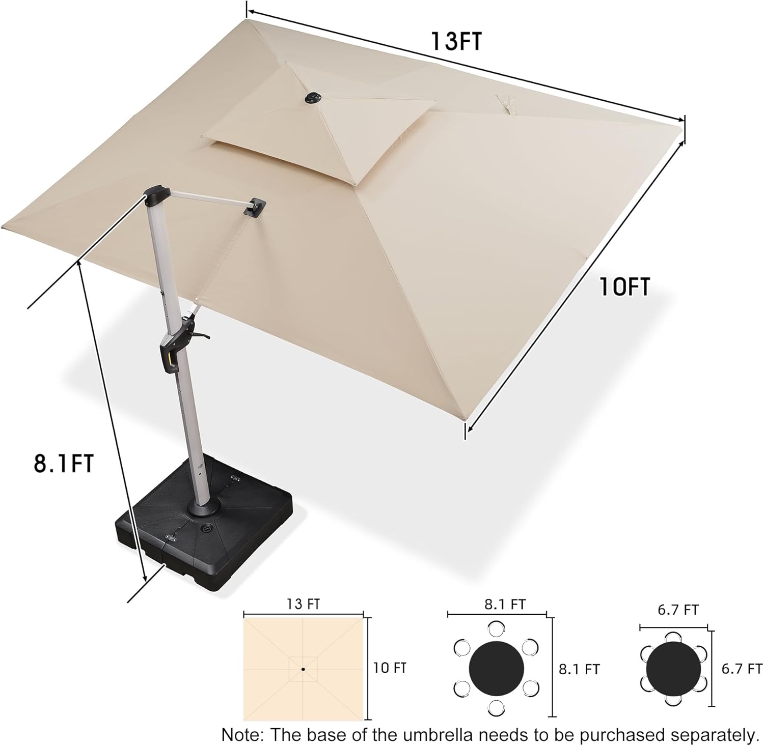 PURPLE LEAF 10' X 13' Patio Umbrella Outdoor Rectangle Umbrella Large Cantilever Umbrella Windproof Offset Heavy Duty Sun for Garden Deck Pool Patio, Beige