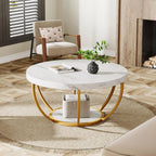 Tribesigns Modern Round Coffee Table, 2 Tier Coffee Table with Faux White Marble and Golden Metal Legs, Circle Center Table Tea Table Accent Furniture for Living Room, White and Gold