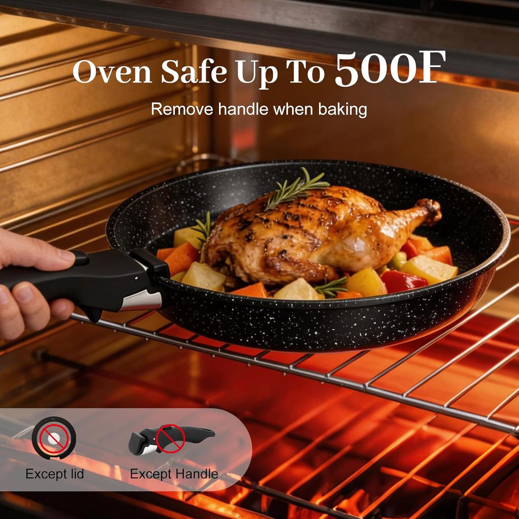 Pots and Pans Set - Non Stick 25 Pieces Cookware Set Pots and Pans with Detachable Handles, Includes Pans, Pots, Utensils, Trivets for Hot Dishes, Lids, Space-Saving Cookware