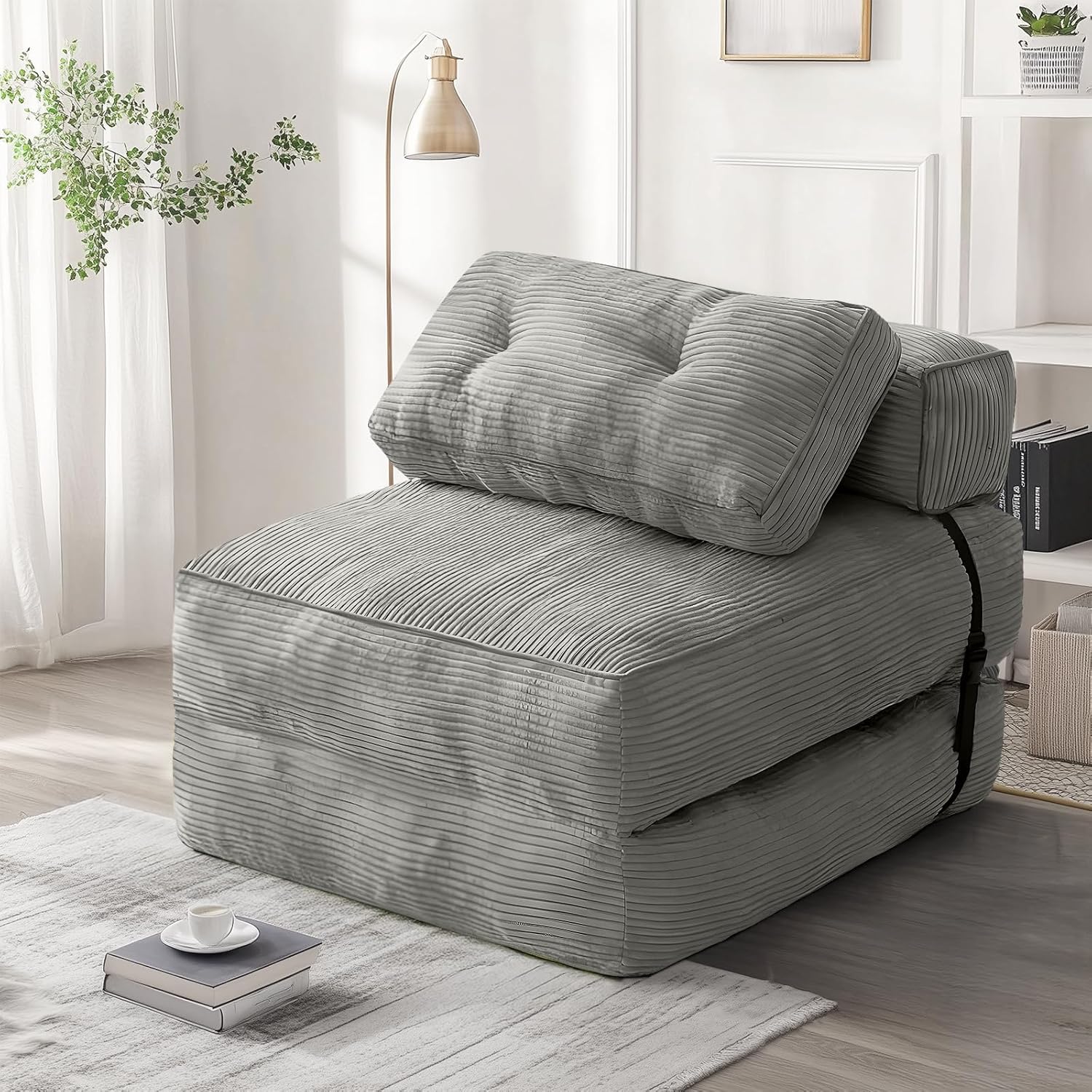 tantohom Folding Sofa Bed, Convertible Sleeper Chair with Pillow Foldable Mattress with Back Support,Space-Saving Sofa for Living Room,Bedroom (Gray)