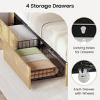 AOGLLATI Queen Bed Frame with 4 Storage Drawers and Natural Rattan 2-Tier Bookcase Hidden Headboard, Boho Led Bed Frame Queen Size with Charging Station, No Box Spring Needed, Wood