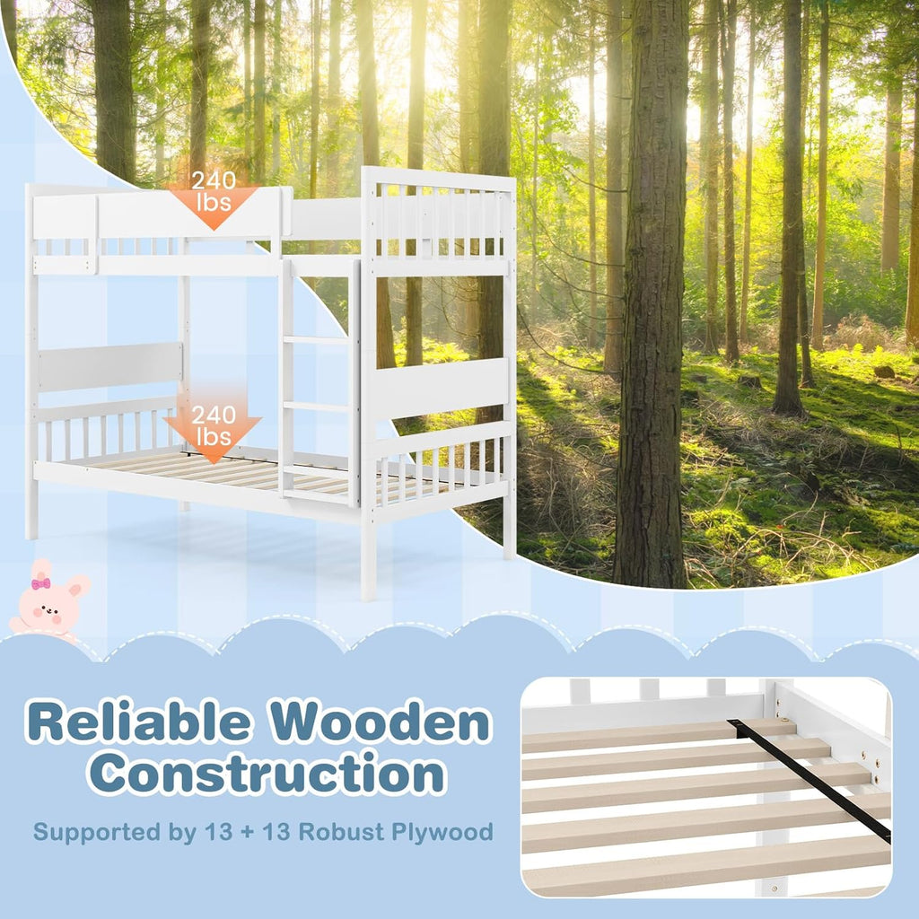 Giantex Wood Bunk Bed Twin Over Twin, Solid Wood Bunk Bed Frame with Ladder & Safety Guardrails, Space-Saving Convertible Bunk Beds for Kids Teens Juniors, Can Be Divided Into Two Twin Beds, White