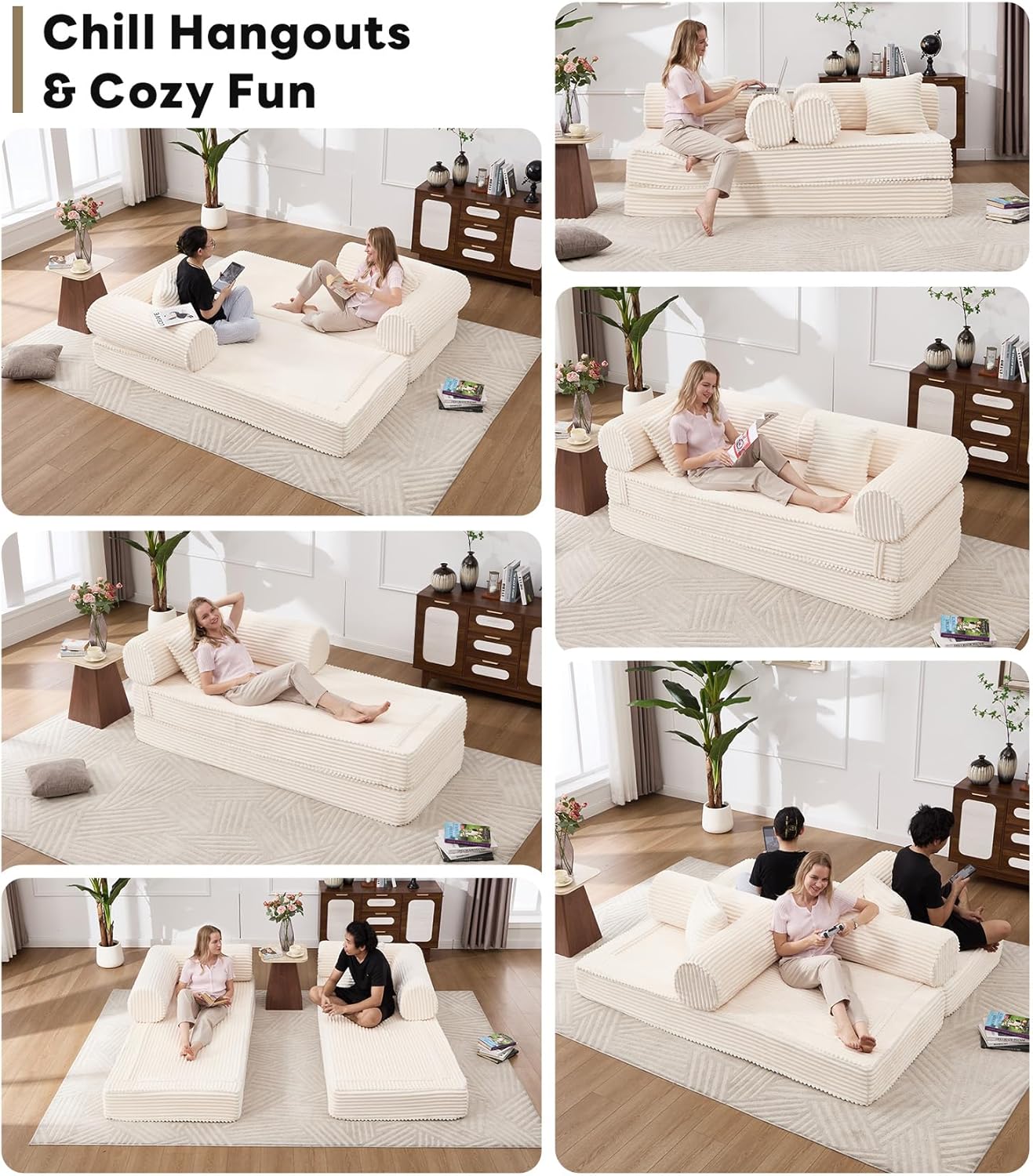 Tbfit 79'' Convertible Sofa Bed, Oversized Corduroy Folding Boneless Couch, Futon Mattress Sleeper Sofa, Comfy Foldable Upholstered Floor Couches for Living Room, Beige