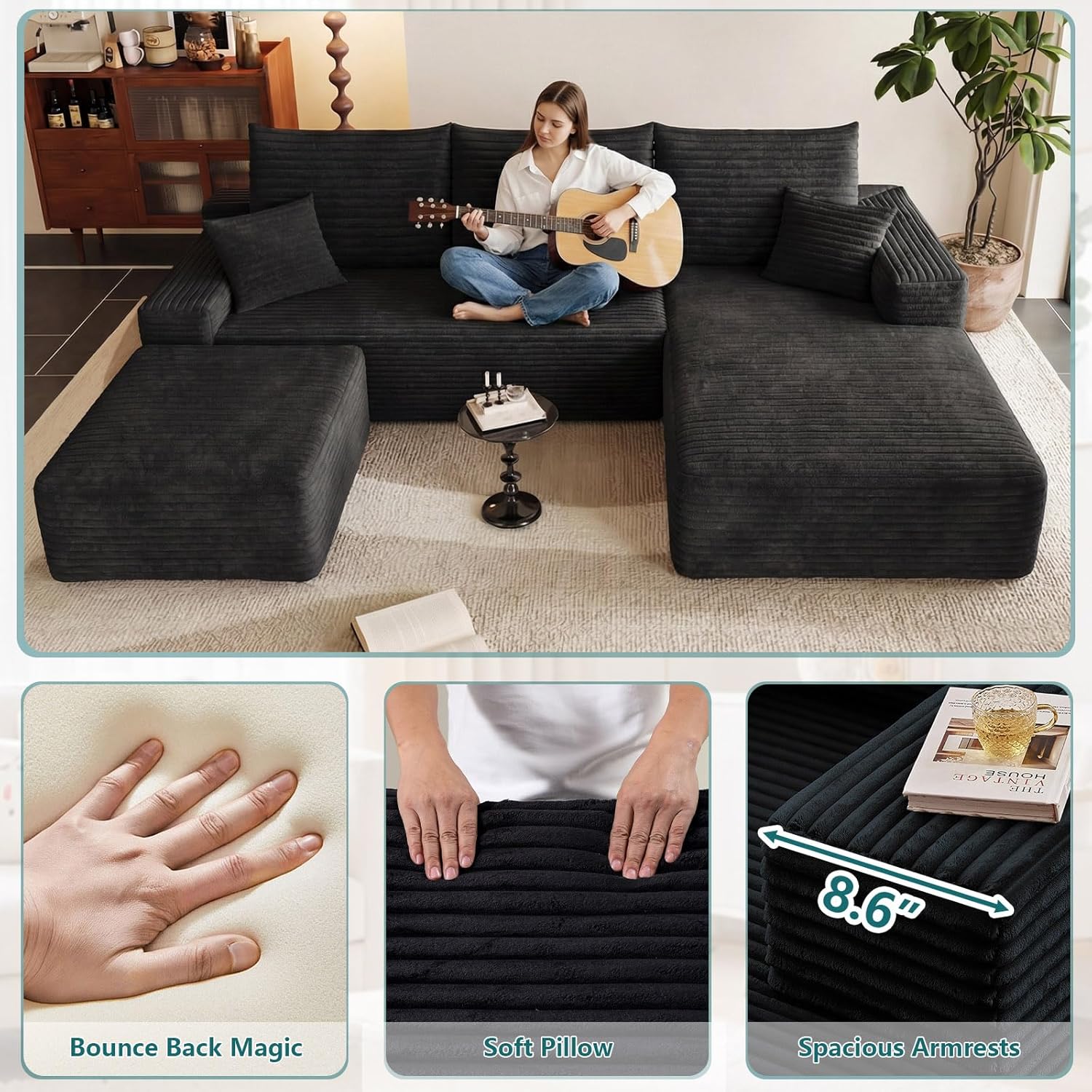 95" U-Shape Cloud Couch, Modern Modular Sectional L-Shape Sofa with Ottoman, Corduroy Upholstered Couches Deep Seat Sleeper Chaise Longue for Living Room, No Assembly Required(Black, Right Facing)