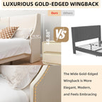 King Size Upholstered Platform Bed Frame with Wingback Headboard, Linen Fabric & Wooden Slats Support, Modern Golden PVC Material Edge for Bedroom,No Box Spring Needed, Easy to Assemble, Beige