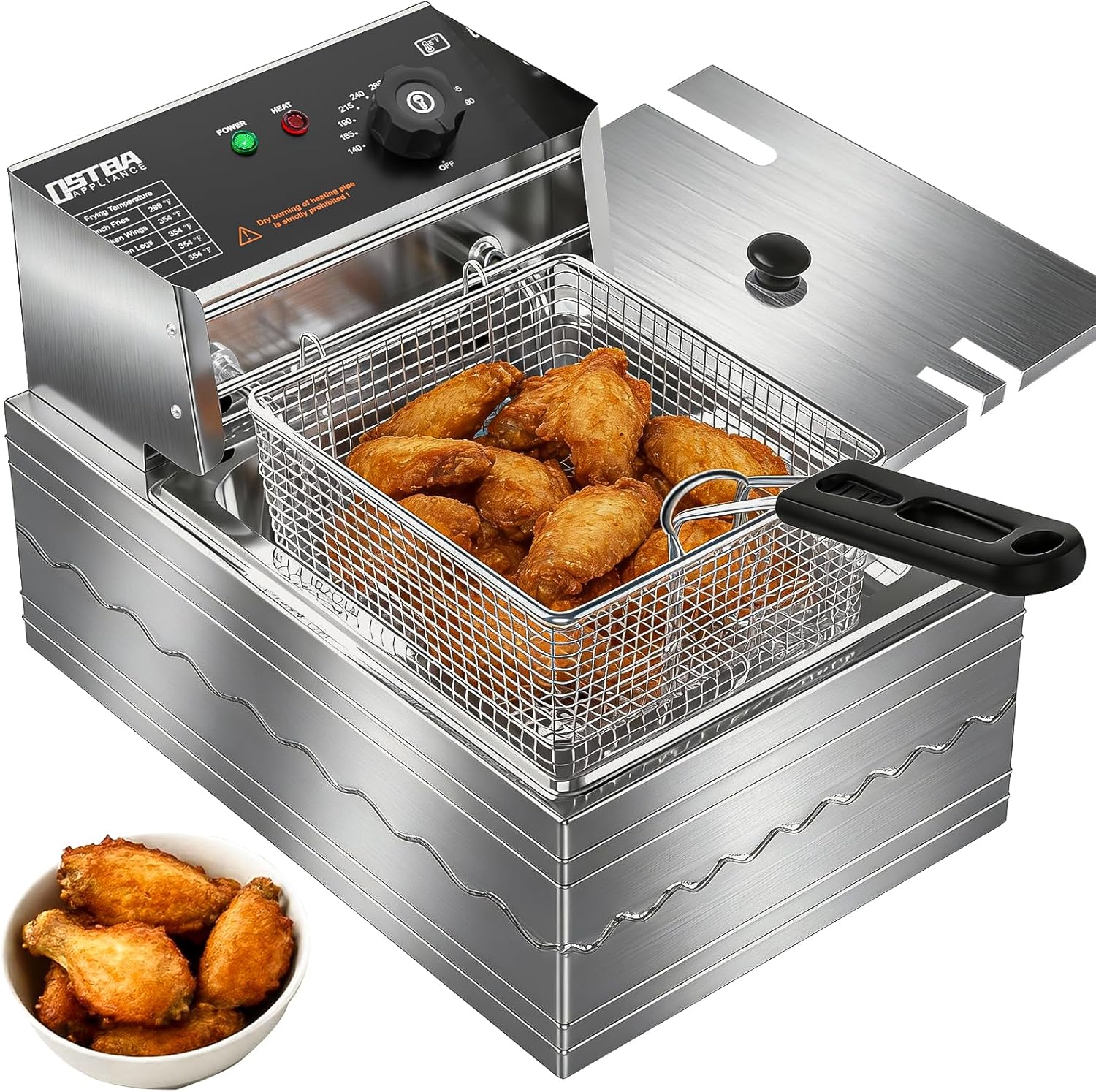 OSTBA Deep Fryer with Basket, 10.36QT Deep Fryer, 1600W Stainless Steel Commercial Deep Fryer with Adjustable Temperature 140–390℉, Removable Basket & Oil Tank
