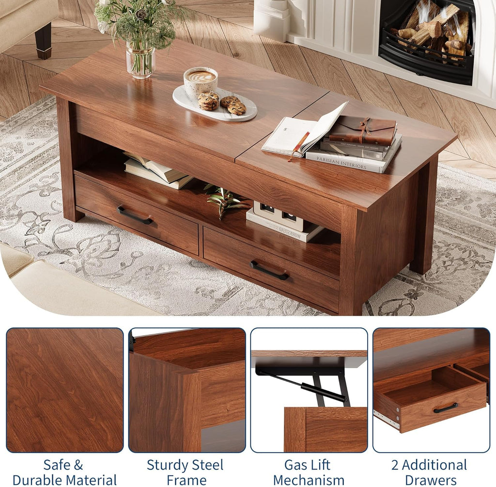 GarveeHome Coffee Table Lift Top, Convertible Coffee Table with Wooden Lift Tabletop, 2 Drawers and Hidden Compartment, Central Table with Storage for Living Room Home Office, Brown
