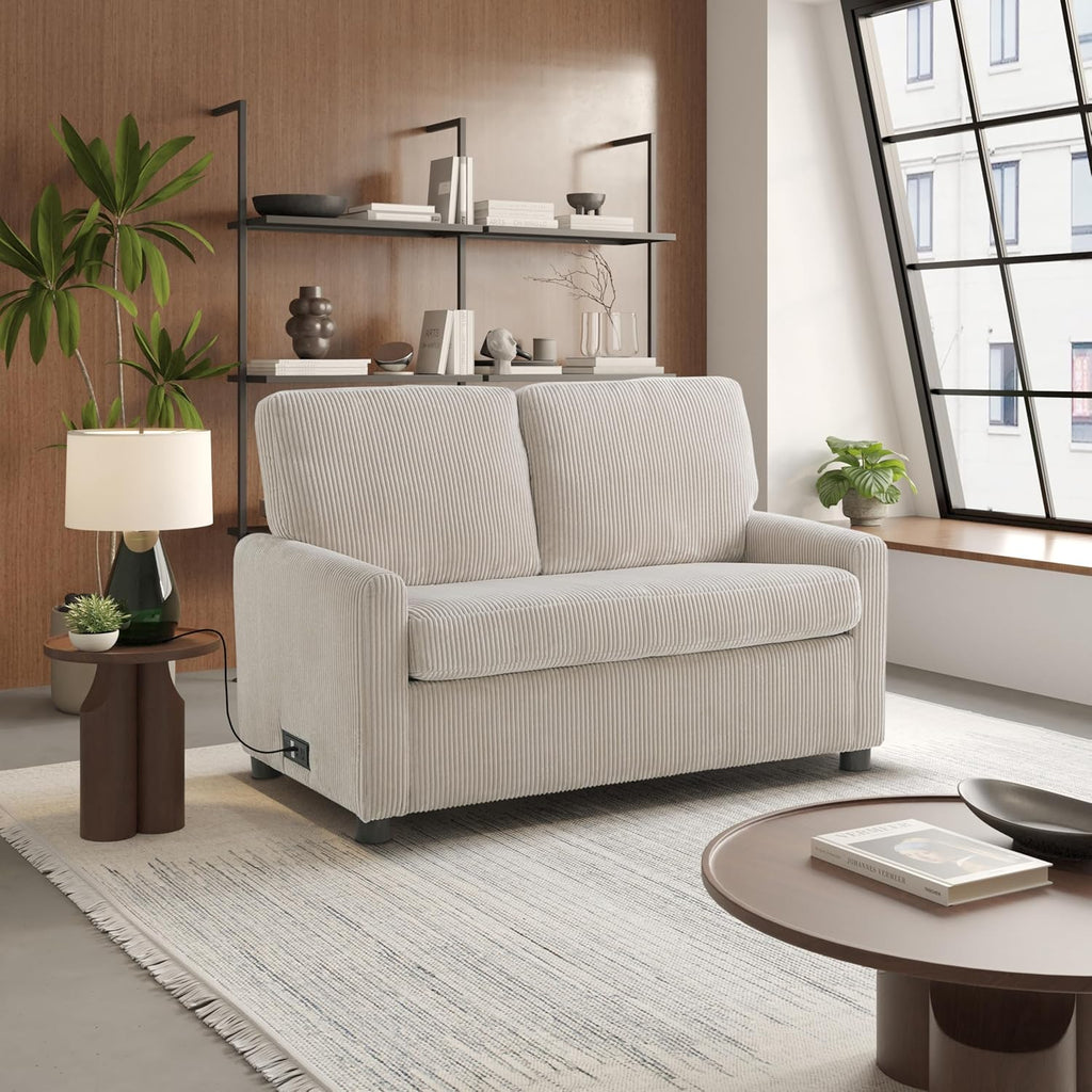 Serta® Darnold 53.5" Pull-Out Sleeper Loveseat, Twin Size, Dreamcoil® Comfort, Memory Foam Pull-Out Mattress, USB-C and USB-A Power Ports, Soft Corduroy Fabric, Beige