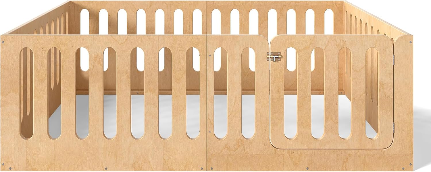 Bellemave Full Size Kids Montessori Floor Bed,Full Size Floor Bed Frame with High Fence and Door,Solid Wood Montessori Bed for Girls Boys,Natural