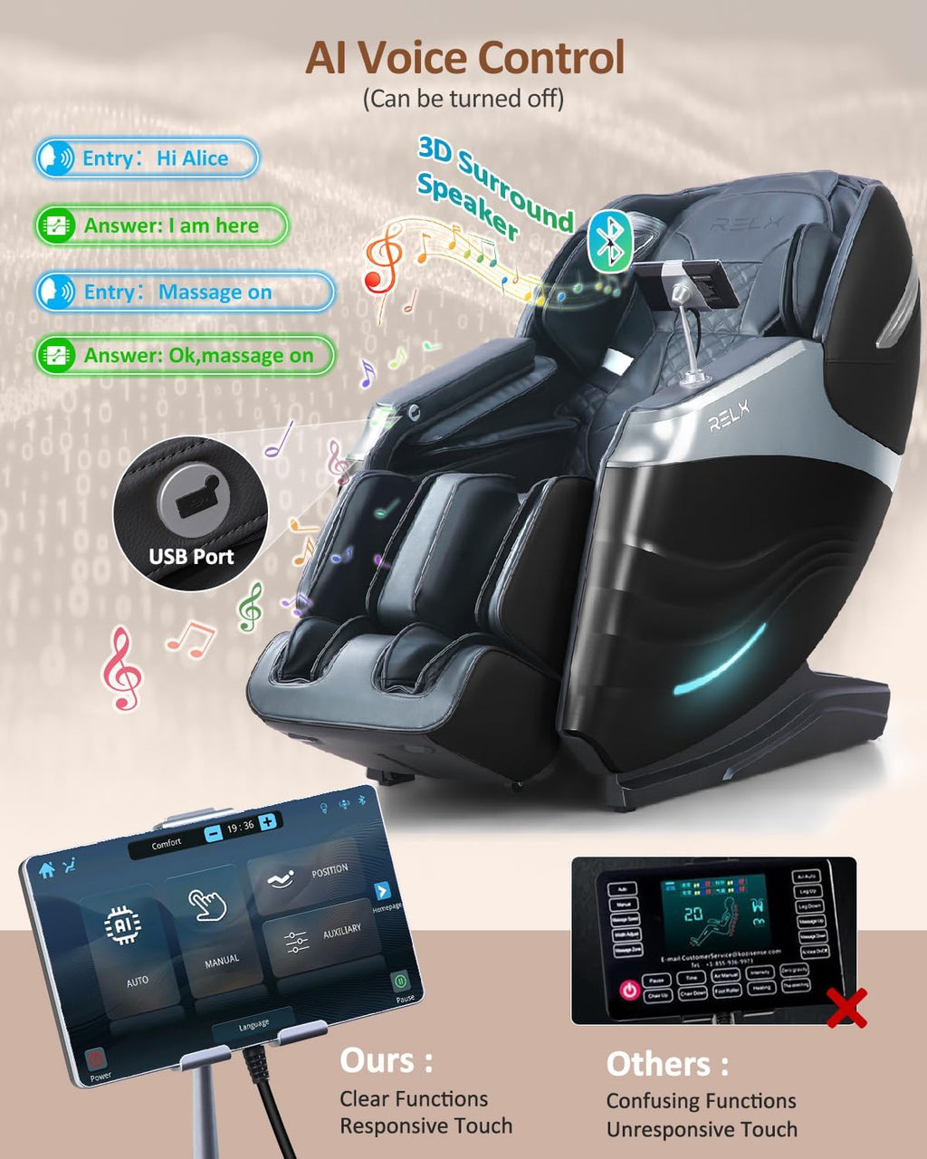 RELX Massage Chair Full Body, 20 Modes Zero Gravity SL-Track Shiatsu Massage Chair Built-in Heat System, Airbag Massage with Body Scan, Deep Yoga Stretch, Calfrest Extension and AI Control(Black)