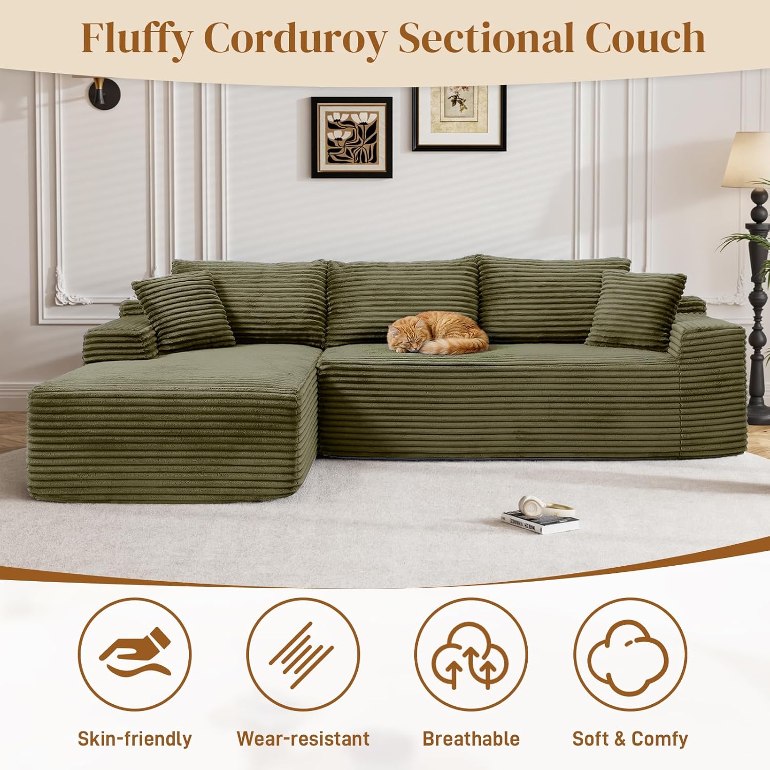 95" Boneless Cloud Sectional Couches for Living Room, Comfy Fluffy L Shaped Memory Foam Deep Seat Boneless Couch, Modular Sectional Sofa with Left Facing Chaise, Olive Green