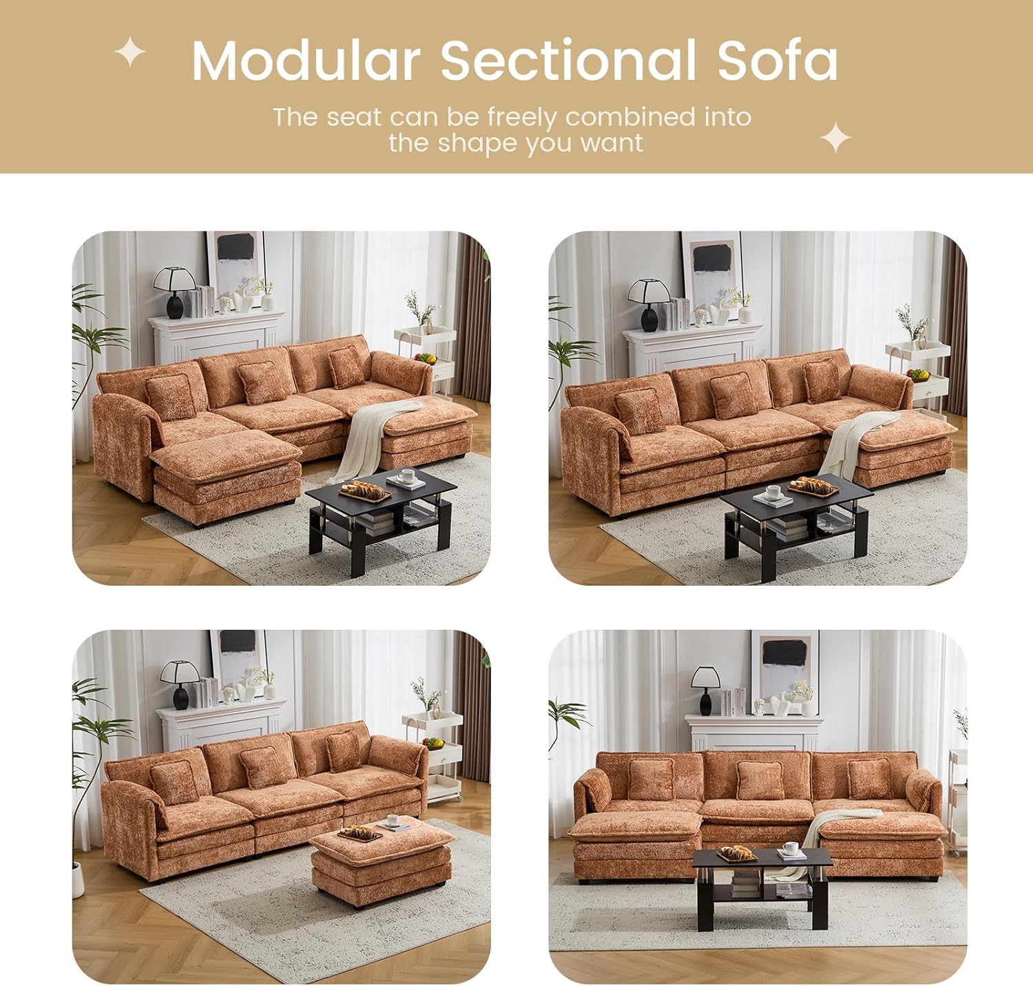 147.8" U Shaped Modular Sectional Sofa, Comfy Cloud Couch with Movable Ottoman, Deep Seat Modular Sofa, Sectional Couches for Living Room, Bedroom, Apartment (Orange)
