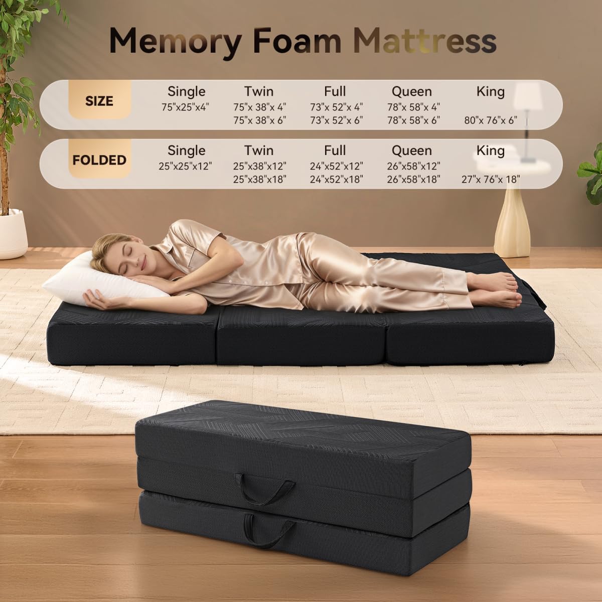 Trifold Mattress, 6 Inch Memory Foam Tri-Fold Mattress Queen Size, Foldable Sofa Bed with Washable Cover, Handles and Non-Slip Bottom for Yoga, Living Room, Camping, 78"x 58" x 6", Black