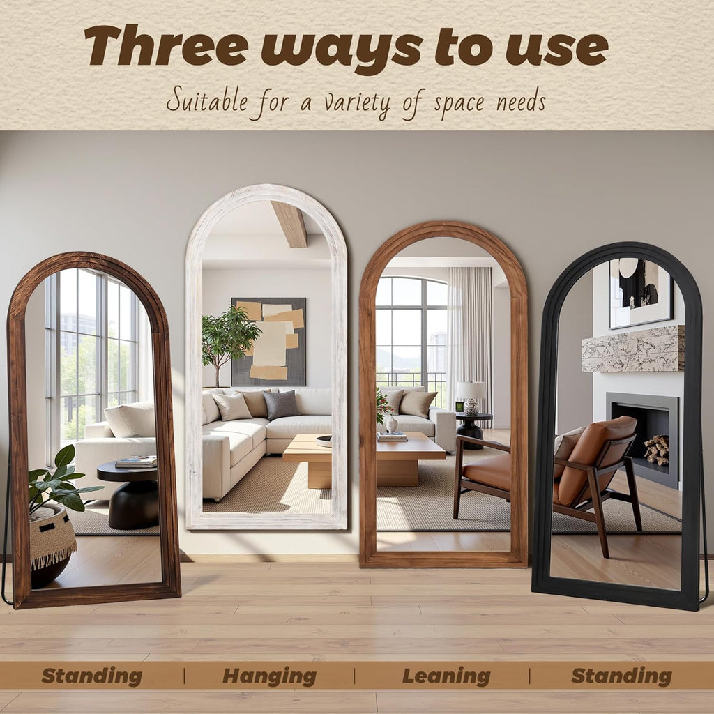 Antok Floor Mirror, Wood Full Length Mirror Wooden Full Body Mirror with Stand, Hanging Mounted for Living Room Cloakroom, 71"×32", Walnut, Arched Style