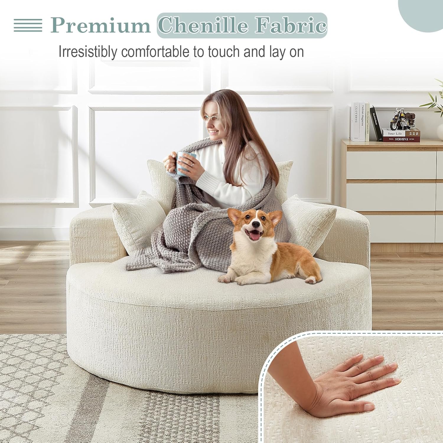 Oversized Round Chaise Longue Chair Indoor, Modern 55-inch Upholstered Chenille Deep Seat Circle Single Cloud Lounge Floor Sofa Chair for Living Room, Bedroom Apartment, Beige