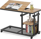 Tribesigns Height Adjustable C Table with Wheels, Mobile Couch Snack Side Table with Tiltable Drawing Board, Sofa Bedside Laptop Stand C Shaped TV Tray with Storage Shelves (Black+Oak)