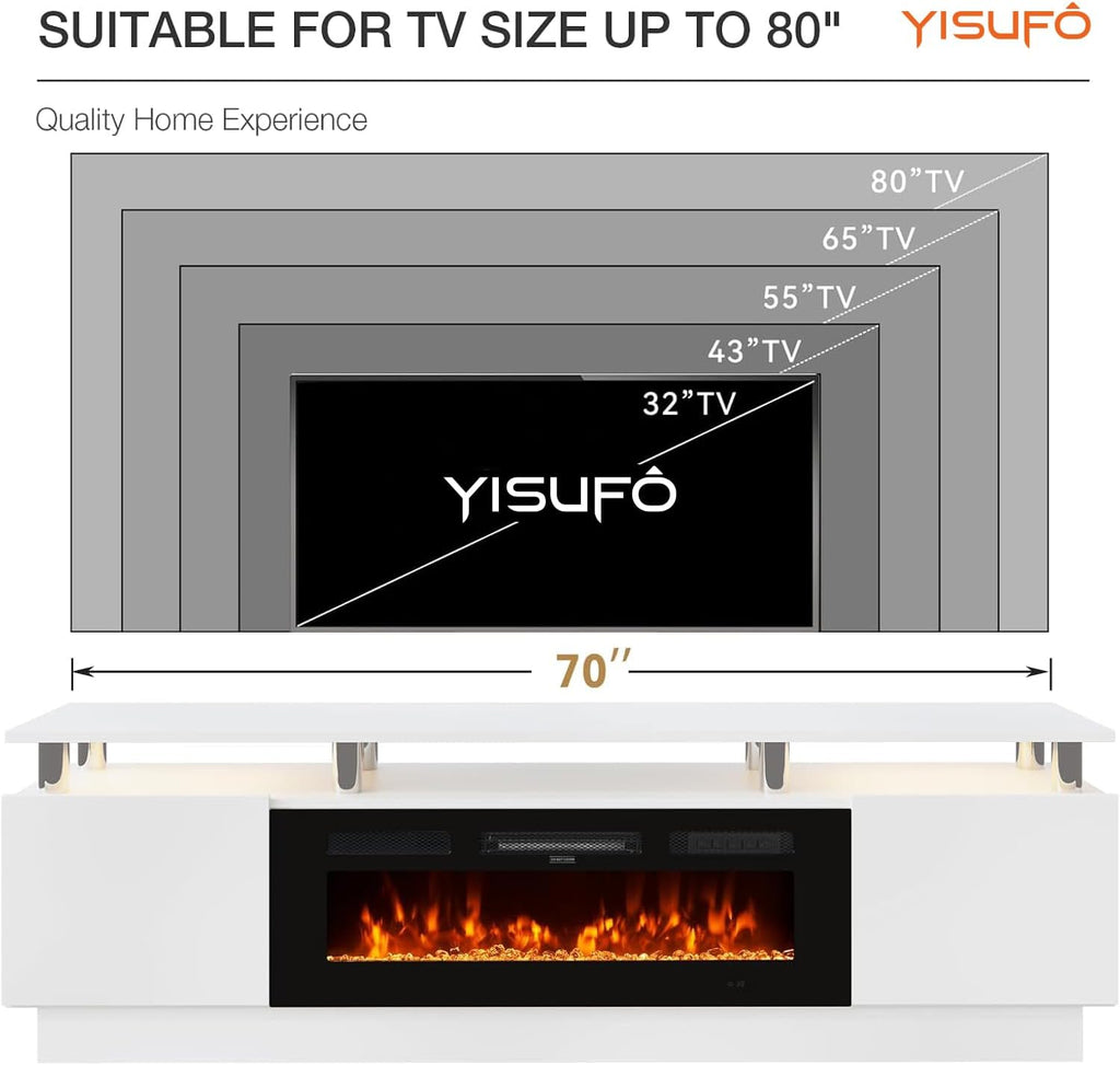 70" Fireplace TV Stand, 2-Tier LED Entertainment Center with 36" Fireplace, Fits TVs up to 80", Modern High Gloss TV Console with LED Lights & Storage Cabinets for Living Room, White + Black