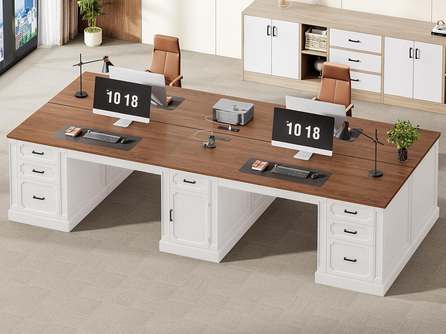 SEDETA Farmhouse 110.3" Two Person Desk with 7 Drawers, Long Computer Desk with Storage Cabinet, 2 Person Desk with Power Outlets for Home Office, White