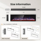 PHI VILLA 72" Electric Fireplace Wall Mounted, Recessed Wall Fireplace Electric with Crystal, Fake Charcoal & Firewood Bed for Indoor, Remote Control, 750W/1500W, Timer, Ultra-Narrow Bezel