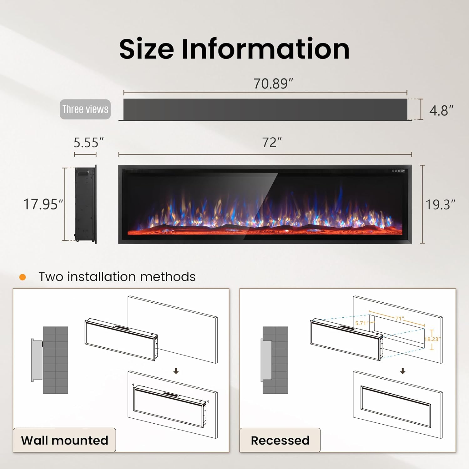 PHI VILLA 72" Electric Fireplace Wall Mounted, Recessed Wall Fireplace Electric with Crystal, Fake Charcoal & Firewood Bed for Indoor, Remote Control, 750W/1500W, Timer, Ultra-Narrow Bezel