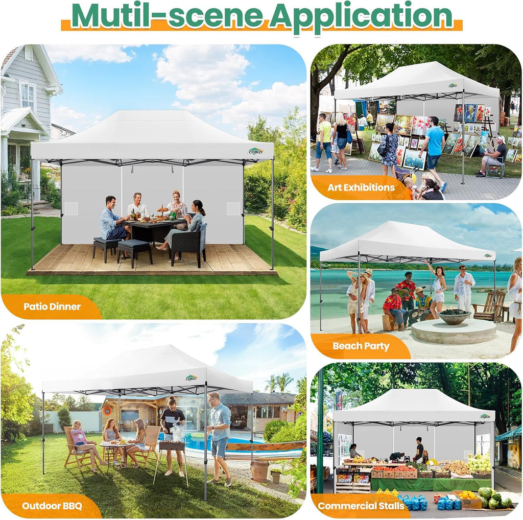 COBIZI 10x15 Pop up Canopy Gazebo 3.0  Easy up Heavy Duty Canopy with 4 Removable Sidewalls  High Stability  All Weather Sunshade 100% Waterproof Outdoor Canopy Tents  White