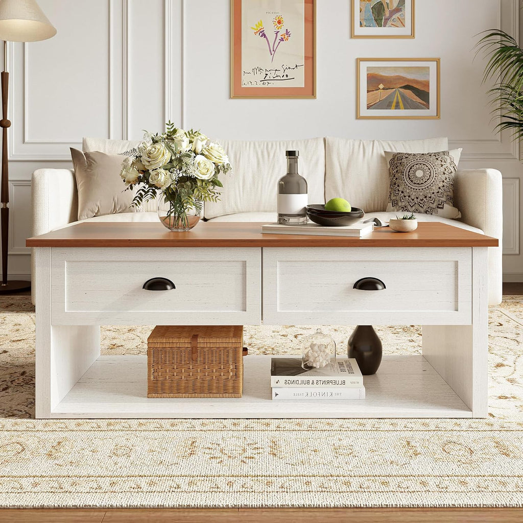 Farmhouse Coffee Table with Storage,62.6" Wide Rustic Center Table with Hidden Storage Compartment, Wood Dining Table for Living Room,Office,Antique White