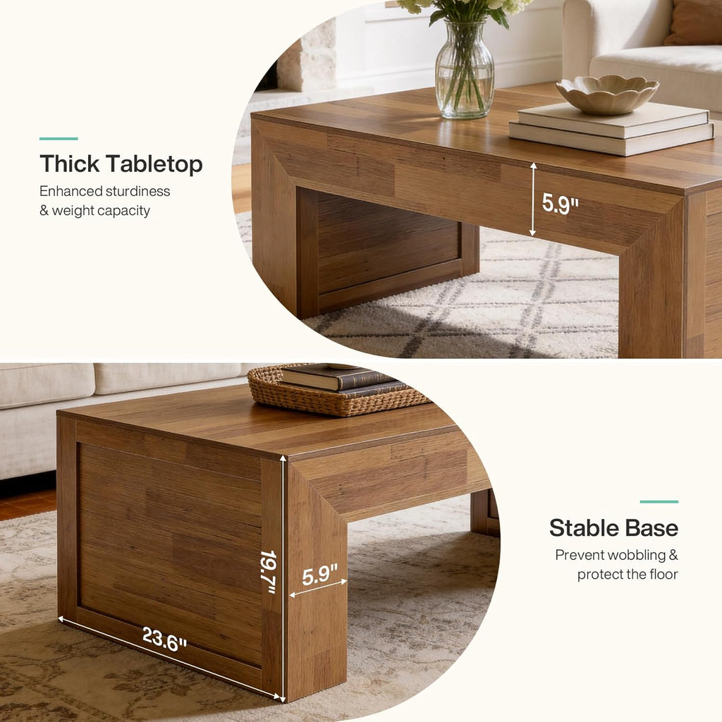 Tribesigns 47-Inch Farmhouse Coffee Table, Wooden Rectangular Center Table with Thick Base, Modern Cocktail Tea Furniture for Living Room (Oak Brown)