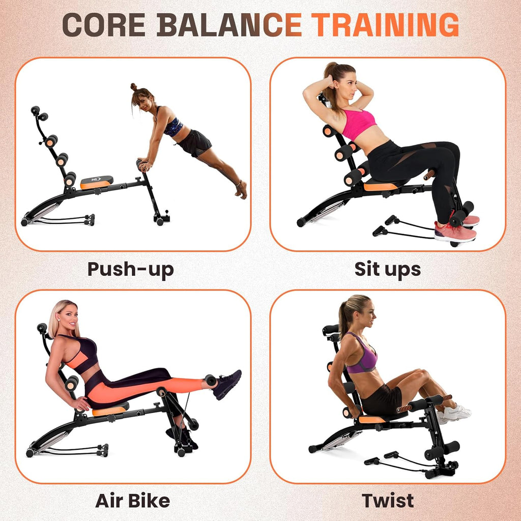 Ab Machine for Home Gym, 6 in 1 Adjustable Ab Workout Bench and Core Trainer, Foldable Sit Up Equipment with Resistant Bands for Total Body Fitness