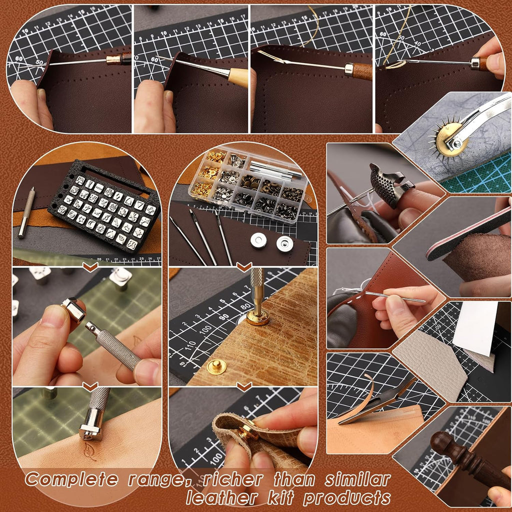TLKKUE Leather Tooling Kit Leather Craft Tools Leatherworking Kit with Custom Handbag Cutting Mats Engraving Punching Sewing Stamping Sanding Tools for Handicraft Work Professional