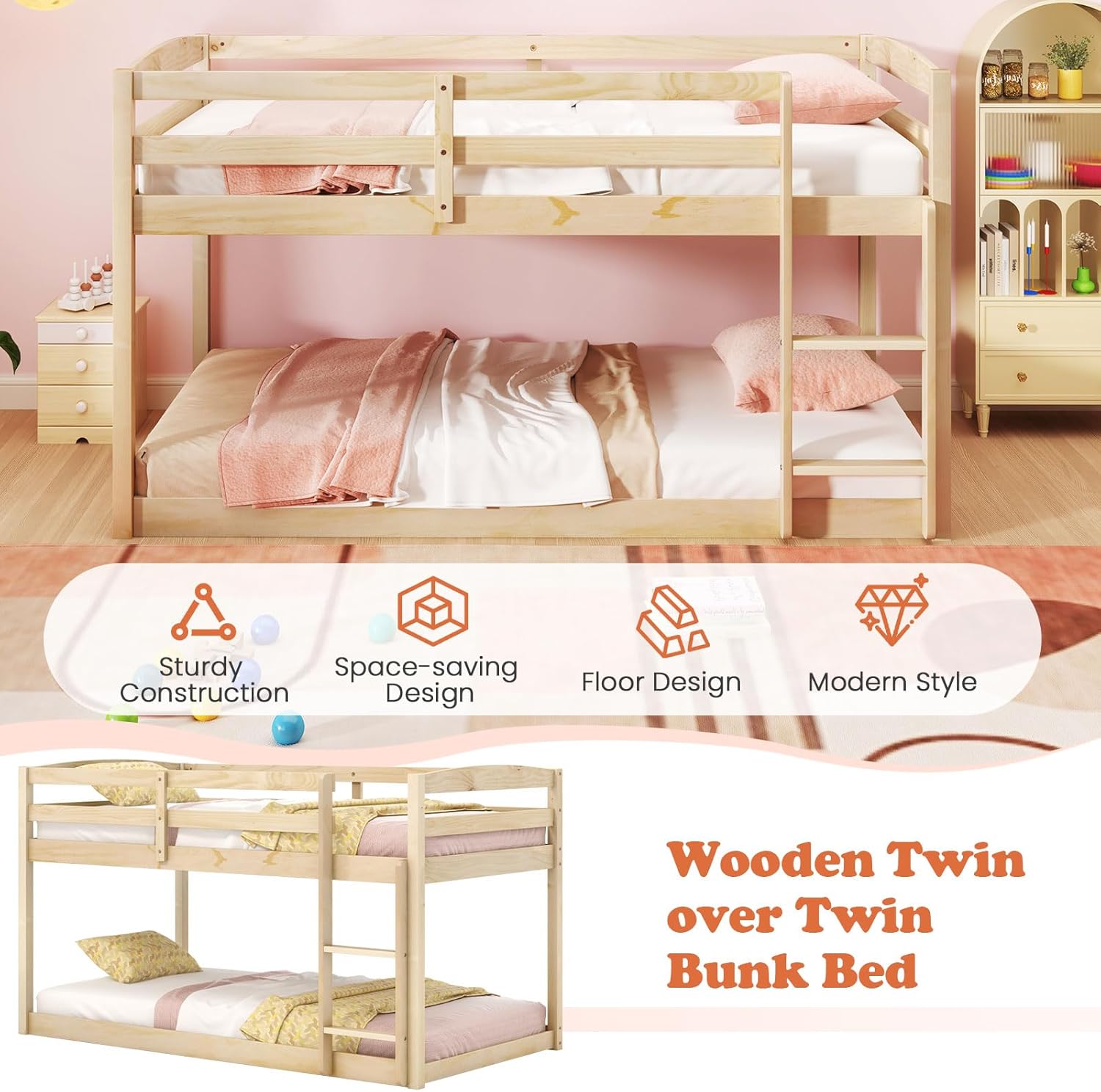 Giantex Twin Low Bunk Bed, Solid Wood Twin Over Twin Bunk Bed Frame with Full Guardrails & Integrated Ladder, Floor Twin Bunk Beds for Kids Boys and Girls, No Box Spring Needed, Natural