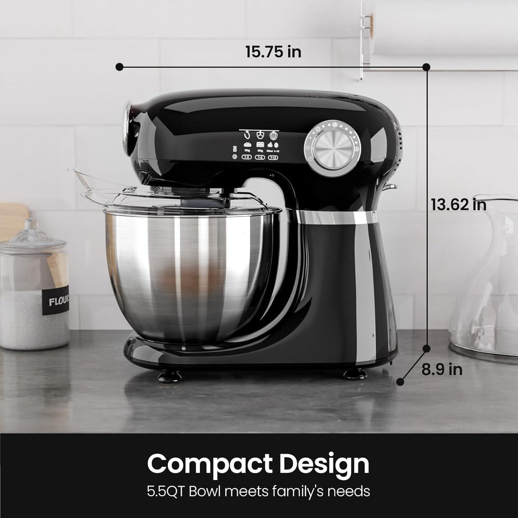 Kismile 5.5QT Tilt-Head Stand Mixer, 12-Speed Electric Mixer with 304 Stainless Steel Bowl - Includes Whisk, Dough Hook, Beater for Baking Bread, Cakes, Cookies (Light Black)