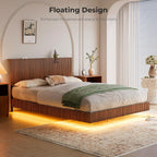 Evermagin Walnut Queen Floating Bed Frame with Headboard, Mid Century Modern Fluted Platform Bed with LED Lights, Heavy Duty Floating Bedframe with Charging Station, No Box Spring Needed