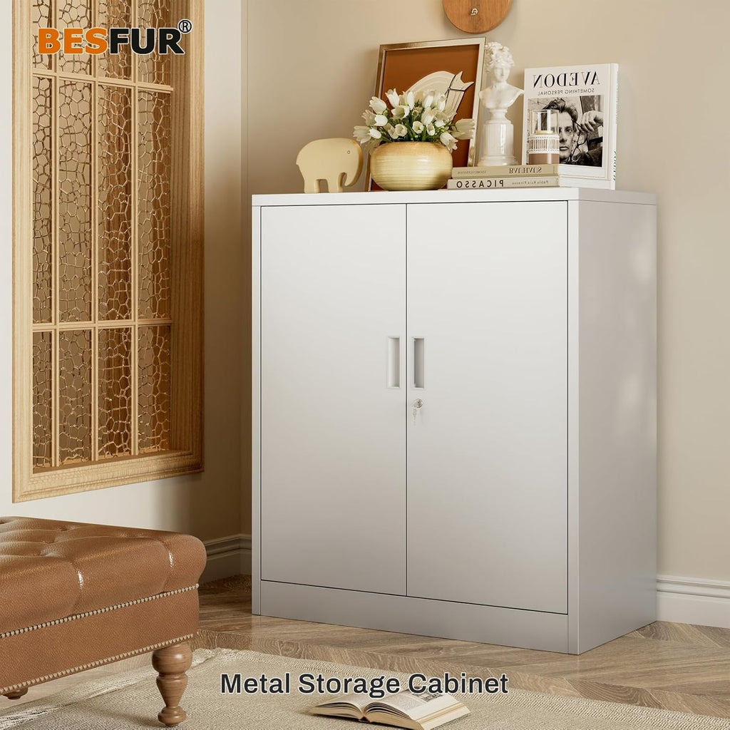BESFUR Metal Garage Storage Cabinet with 2 Locking Doors and 2 Adjustable Shelves, 36" White Metal Short Storage Cabinet for Home Office, Garage,School,Utility Room