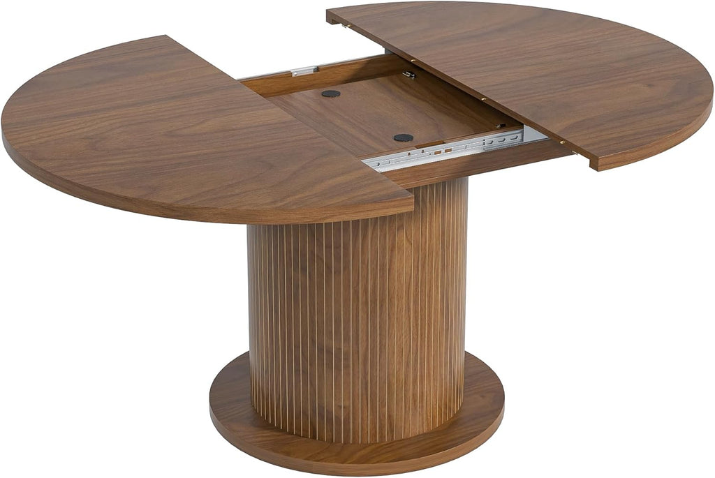 59 inch Round Dining Table for 6, Modern Farmhouse Kitchen Table, Circle Dining Tables with Wood Strip Base for Kitchen Living Room (Big Adjustable Walnut)