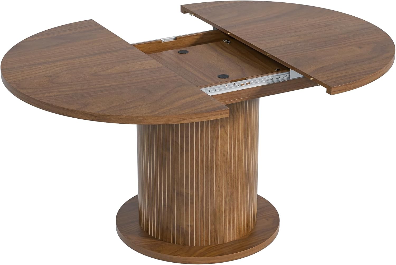 43.3 inch 59 inch Adjustable Size Round Dining Table for 4 6, Unique Design Modern Farmhouse Kitchen Table, Circle Dining Tables with Wood Strip Base for Kitchen Living Room (Walnut)