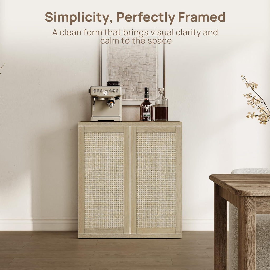 SICOTAS Rattan Sideboard Buffet Storage Cabinet - 2 Pieces Boho Coffee Bar Console Cabinet with Storage & Adjustable Shelves, Farmhouse Large Credenza Stand for Living Room, Hallway, Kitchen