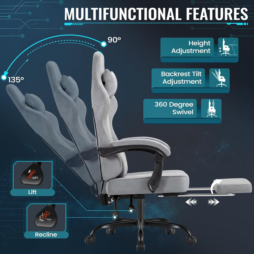 Homall Gaming Chair with Massage & Footrest, Ergonomic Computer Office Chair, High-Back Racing Style Reclining Chair with Adjustable Lumbar Support, Breathable Tech Fabric for Adults (Light Grey)