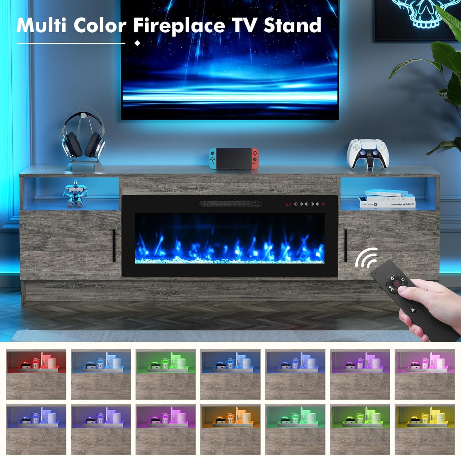BREEZEHEAT 70 inch TV Stand with Fireplace-Led Entertainment Center for TVs Up to 80 Inch-Fireplace Console with Storage Cabinets, Metal Handles, Rustic TV Stand for Living Room-Grey