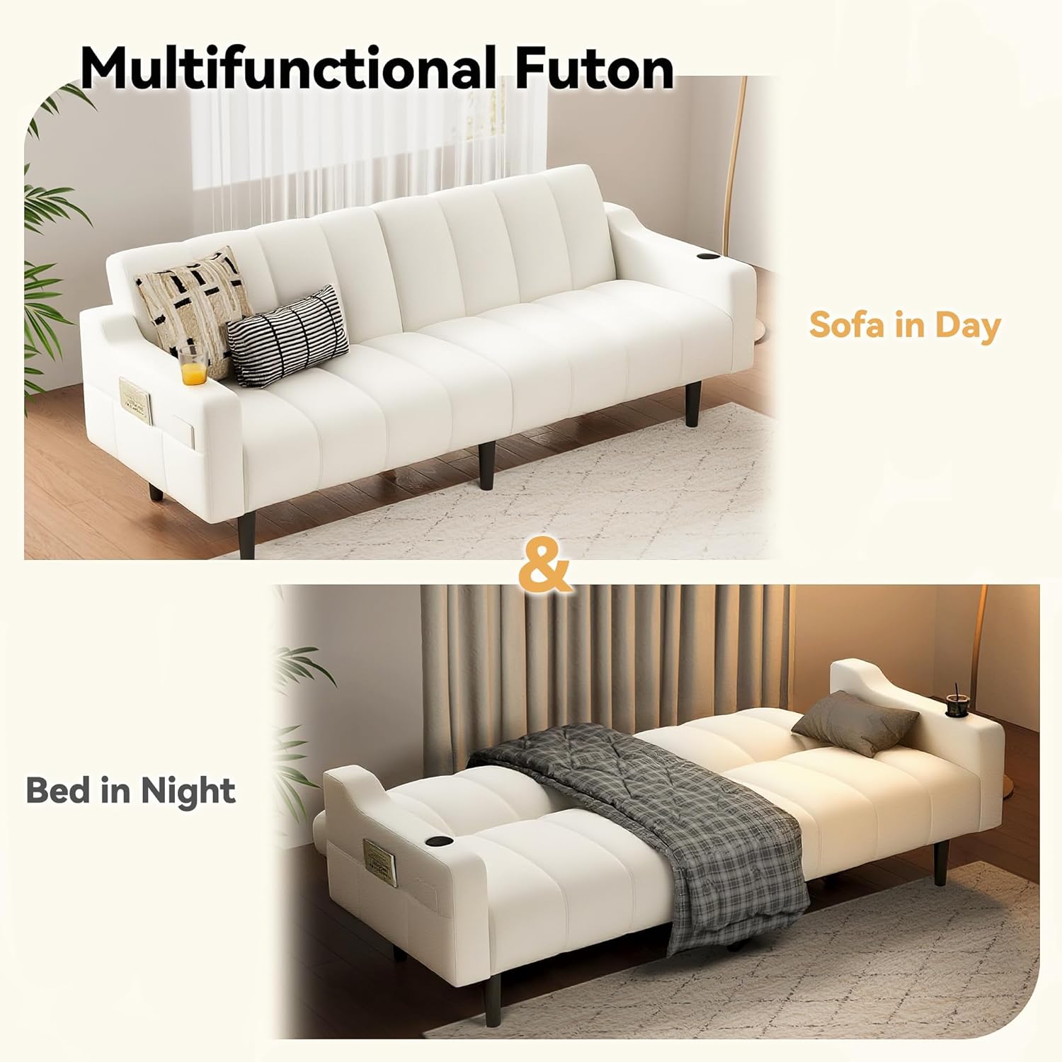 Brelice 80'' Leather Couch, Futon Sofa Bed, Faux Leather Couch with Adjustable Backrest, 2 Cup Holders & Side Pockets, Mid Century Modern Sofa for Living Room, Bedroom, Cream White