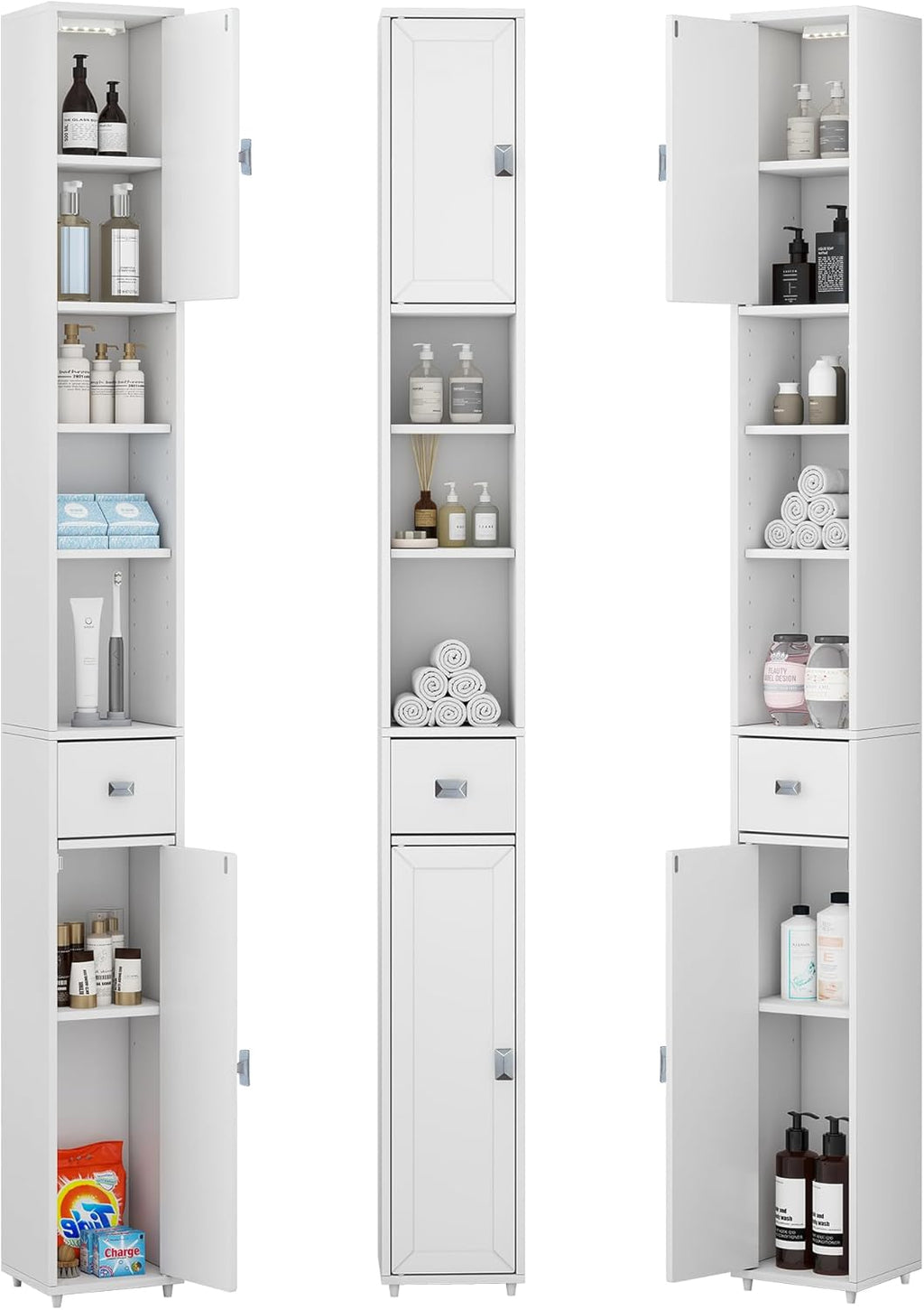 Tall Storage Cabinet, 7.9 Inch Narrow Bathroom Cabinet with USB Magnetic Light, Open Shelf, Magnetic Doors & Drawer, 5 Adjustable Shelves, Anti-Tip Kit for Small Spaces, Living Room, White, 70.9" H